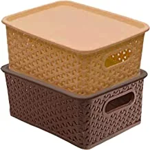 Kuber Industries Storage Baskets With Lid|Plastic Storage Bins|Lidded Knit Storage Organizer Bins|2 Pieces Medium Size (Multi)