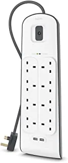 Belkin, USB Surge Protector,8 Way/8 Plug Electrical Extension Socket,White,2 M,BSV804ar2M