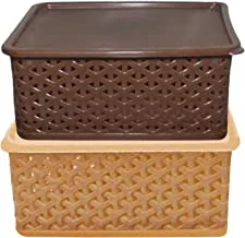 Kuber Industries Plastic Multipurpose Solitaire Storage Basket with Lid, 2 Pieces, Multicolor, Medium Size 30x24x12 cm