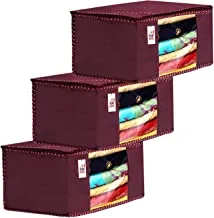 Fun Homes 3 Pieces Non Woven Fabric Saree Cover/Clothes Organiser for Wardrobe Set with Transparent Window, Extra Large (Maroon)