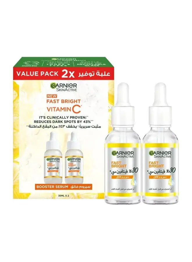 Garnier SkinActive Fast Bright 30x Vitamin C Booster Serum, Anti Dark Spot - Twin Pack, 30ml x2