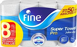 Fine Super Towel Pro, Highly Absorbent, Sterilized & Half Perforated Kitchen Paper Towel, 3 Plies, Pack of 8 Rolls. New & Improved