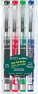 Roco Free Ink Roller Needle Tip Liquid Ink Pen 4-Piece Set, 0.7 mm Point Size, Assorted, Multicolor