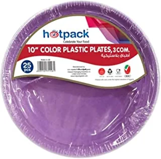 Hotpack Color Plastic Plates,10 inches, 3 compartment - 25 Pieces, Multicolor