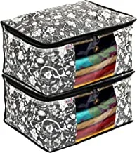 Fun Homes Metalic Flower Print 2 Piece Non Woven Fabric Saree Cover/Clothes Organiser For Wardrobe Set With Transparent Window, Extra Large (Black)-Fuhhnh16515