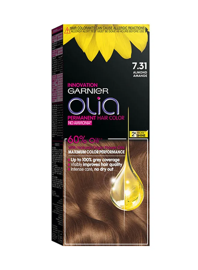 GARNIER Olia No Ammonia Permanent Brilliant Color 60% Oil-Rich Permanent Hair Color 7.31 Almond 50g 50g 12ml