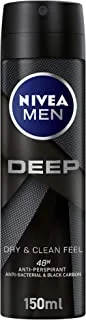 NIVEA MEN Antiperspirant Spray for Men, 48h Protection, DEEP Black Carbon Antibacterial, Woody Scent, 150ml