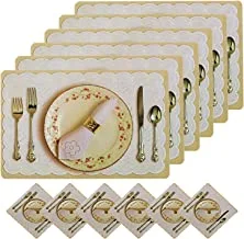 Kuber Industries Plate Design Floral PVC 6 Piece Dining Table Placemat Set with Tea Coasters - Cream