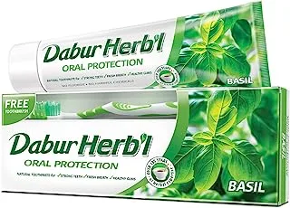 Dabur Herbal Basil Oral Protection Toothpaste (150g + Toothbrush) | Enriched With Basil | Natural Toothpaste For Healthy Gums & Strong Teeth