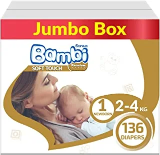 سانيتا بامبي ، مقاس 1 ، المولود الجديد ، 2-4 كغ ، الصندوق الجامبو ، 136 حفاض