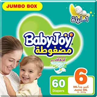 Babyjoy Compressed Diamond Pad, Size 6, Junior Xxl, 16+ Kg, Jumbo Box, 60 Diapers