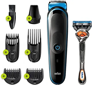 Braun Mgk5245 All-In-One Trimmer 7-In-1 Rechargeable Beard Trimmer, Hair Clipper And Detail Trimmer With Gillette Proglide Razor, Black & Blue - Pack Of 1
