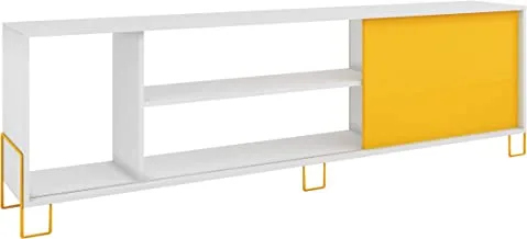 Brv Moveis Tv Table With Three Open Shelves And One Cabinet For 50 Inch Tv, White And Yellow, Size: 56 X 180 X 29.4 Cm