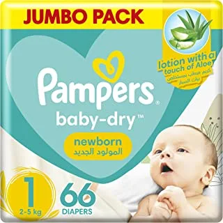 Pampers Aloe Vera, Size 1, Newborn 2-5kg, Jumbo Pack, 66 Taped Diapers