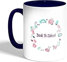 كوب قهوة بطبعة العودة إلى المدرسة ، لون أزرق