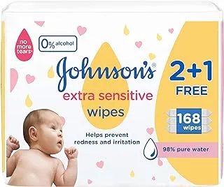 JOHNSON’S Baby, Wipes, Extra Sensitive, 98% pure water, 2+1 packs of 56 wipes, 168 total count