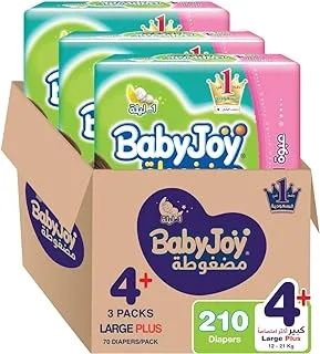 Babyjoy Compressed Diamond Pad, Size 4+, Large+, 12-21 Kg, Giant Box, 210 Diapers