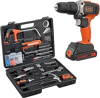 Black+Decker Cordless Hammer Drill With Battery & Kitbox, 18V, 1.5Ah Li-Ion Battery + 108 Pieces Hand Tools Kit - Bcd003C1Mea1-Gb