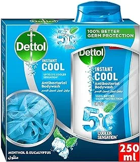 Dettol cool shower gel & body wash for effective germ protection & personal hygiene (protects against 100 illness causing germs),menthol & eucalyptus fragrance with puff, 250ml