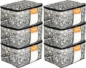 Fun Homes Metalic Flower Print Non Woven 6 Pieces Underbed Storage Bag,Cloth Organiser,Blanket Cover with Transparent Window (Black)-FUHHNH16605