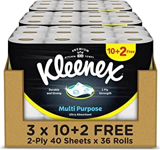 Kleenex Multi Purpose Kitchen Tissue Paper Towel, 2 PLY, 36 Rolls x 40 Sheets, Absorbent Towels for all Surfaces