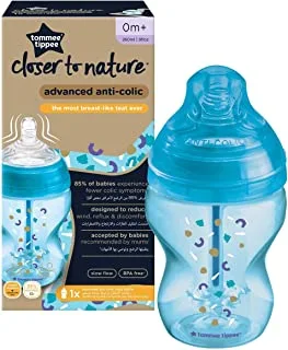 Tommee Tippee Advanced Anti-Colic Decorated Baby Bottle, 260 ml, Single Pack, Blue