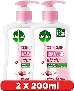 Dettol Skincare Hand Wash Liquid Soap Pump for Effective Germ Protection & Personal Hygiene, Protects Against 100 Illness Causing Germs, Rose & Sakura Blossom Fragrance, 200ml, Pack of 2