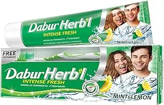Dabur Herbal Intense Fresh Gel Toothpaste (150g+Toothbrush) | With Blend of Mint & Lemon | Natural Gel Tooth paste For Fresh Breath