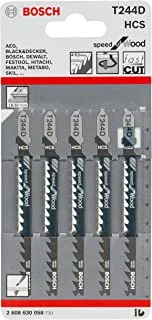 BOSCH - T244D Jigsaw blades, 100 mm Length, high carbon steel material is appropriate for cutting softwood and non-abrasive woodworking materials, large progressive tooth pitch (4-5.2 mm), 5 pcs