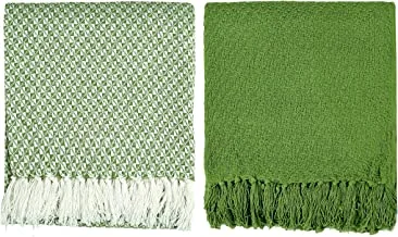 Krp Home Set of 2 Home Décor RUStic Couch Sofa Chair Bed Mosaic Throw Blanket With Fringes | Soft Warm Cozy Light Weight For Travelling In All Season |100% Cotton, Ivory/Jade, 127X154 Cm