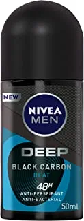 NIVEA MEN Antiperspirant Roll-on for Men, DEEP Beat Black Carbon Antibacterial, Wood Fresh Scent, 50ml