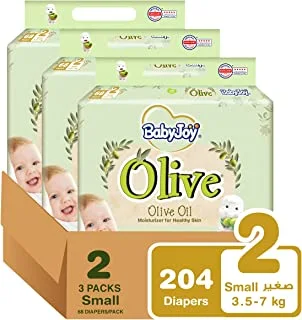 Babyjoy Olive Oil, Size 2, Small, 3.5-7 Kg, Mega Box, 204 Diapers