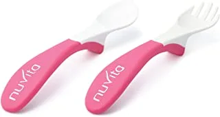 Nuvita Easy Eating Plastic Spoon and Fork، Set of 2 Pink