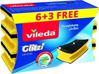 Vileda Glitzi dishwashing Sponge 6+3 pieces high foam scourer For tough dirt, vileda sponge for dishes with an abrasive side removes the most stubborn dried dirt and has an antibacterial effect.