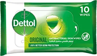 Dettol Original Antibacterial Skin Wipes for Use on Hands, Face, Neck etc, Protects Against 100 Illness Causing Germs, Pack of 10 Water Wipes