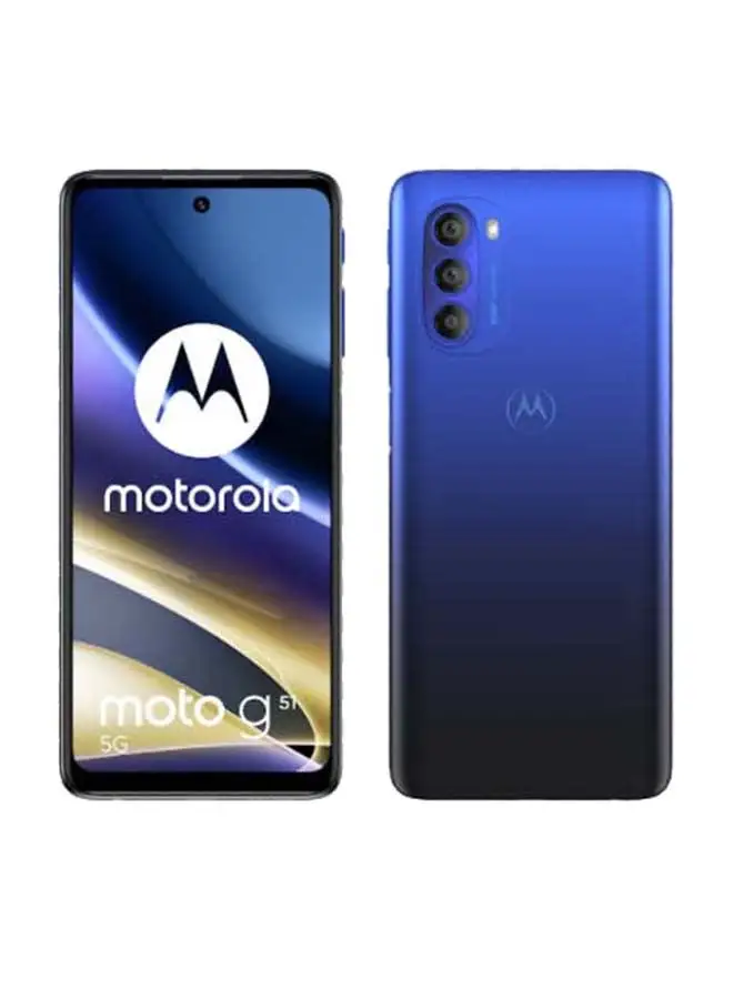 هاتف موتورولا موتو G51 ثنائي الشريحة باللون الأزرق النيلي ، وذاكرة وصول عشوائي (RAM) سعة 4 جيجابايت ، وذاكرة داخلية سعة 128 جيجابايت وشبكة الجيل الخامس - إصدار الشرق الأوسط