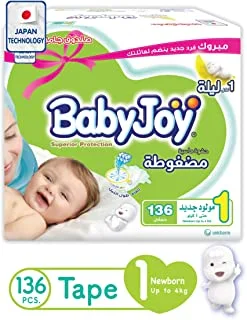 Babyjoy Compressed Diamond Pad Diaper Jumbo Box Newborn, Size 1, 136 Count, Up To 4 Kg