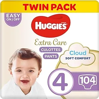 Huggies Extra Care Culottes, Size 4, 9-14 kg, Twin Jumbo Pack, 104 Diaper Pants