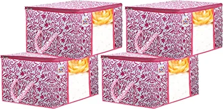 Fun Homes Leaf Printed 4 Pieces Non Woven Fabric Underbed Storage Bag,Cloth Organiser,Blanket Cover with Transparent Window (Pink)