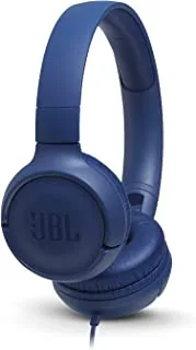 سماعة أذن سلكية من جي بي إل تيون 500 ، صوت جهير نقي ، جهاز تحكم عن بعد / ميكروفون بزر واحد ، خفيف الوزن ، تصميم قابل للطي ، كابل مسطح خالٍ من التشابك ، مساعد صوت - أزرق ، JBLT500BLU