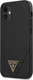 Guess PU Saffiano V Stitched w / Metal Logo Case لجهاز iPhone 12 Mini (5.4 بوصة) - أسود