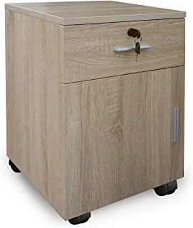 Mahmayi 1D1D Mobile Pedestal Drawers - Rolling File Cabinet with Lock, 4 Castor Wheels, Melamine Finish - Versatile and Secure Office Storage Solution for Enhanced Organization and Efficiency (Oak)