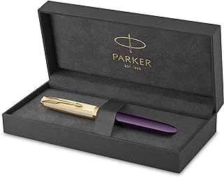 Parker 51 Deluxe Fountain Pen With Plum Barrel And Gold-Plated Attributes And Medium Nib In 18 Carat Gold With Black Ink Cartridge In Gift Box | 9871, 2123517