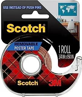 Scotch Removable Poster Tape 3/4 in x 150 in (19mm x 3.8m) | Clear color | Ideal for poster, paper, cardboard | Multi-Surface| Easy to use | Double Sided Adhesive Tape | 1 Roll/dispenser