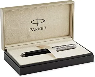 Parker Premier Custom Black Fountain Pen with Medium solid gold nib and ink refill - 4604