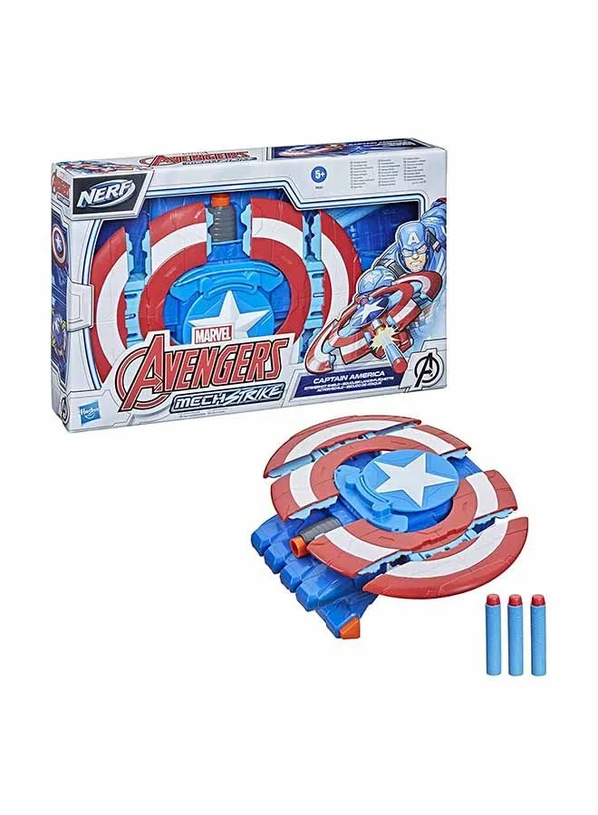 MARVEL Hasbro Marvel Avengers Mech Strike Captain America Strikeshot Shield Role Play Toy With 3 Nerf Darts, Pull Handle To Expand, For Kids Ages 5 And Up- F0265 14x2.63x9inch