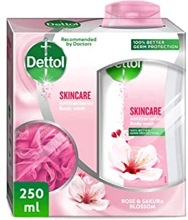 Dettol Skincare Showergel & Bodywash, Rose & Sakura Blossom Fragrance for Effective Germ Protection & Personal Hygiene with Puff, 250ml
