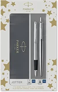 Parker Jotter Duo Gift Set With Ballpoint Pen & Fountain Pen, Stainless Steel With Chrome Trim, Blue Ink Refill & Cartridges, Gift Box | 9527, 2093258