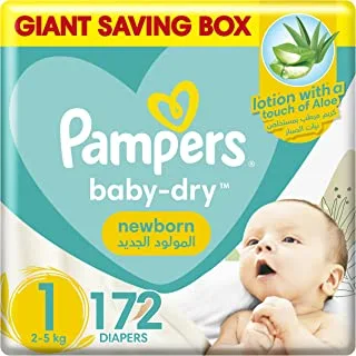 Pampers Aloe Vera, Size 1, Newborn, 2-5kg, Giant Box, 172 Taped Diapers