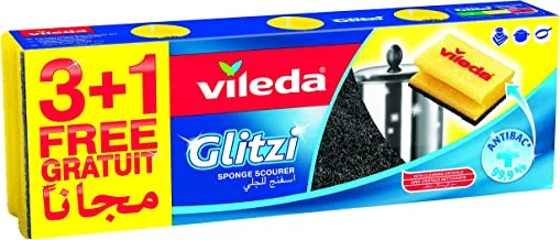 Vileda Glitzi dishwashing Sponge 3+1 pieces high foam scourer For tough dirt, vileda sponge for dishes with an abrasive side removes the most stubborn dried dirt and has an antibacterial effect.